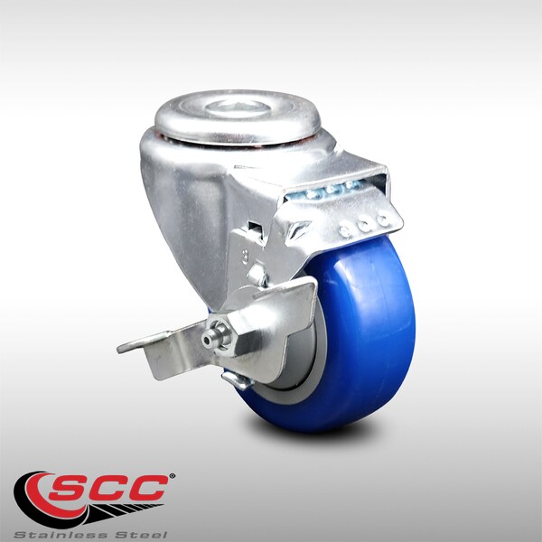 3.5 Inch SS Blue Polyurethane Wheel Swivel Bolt Hole Caster with Brake SCC